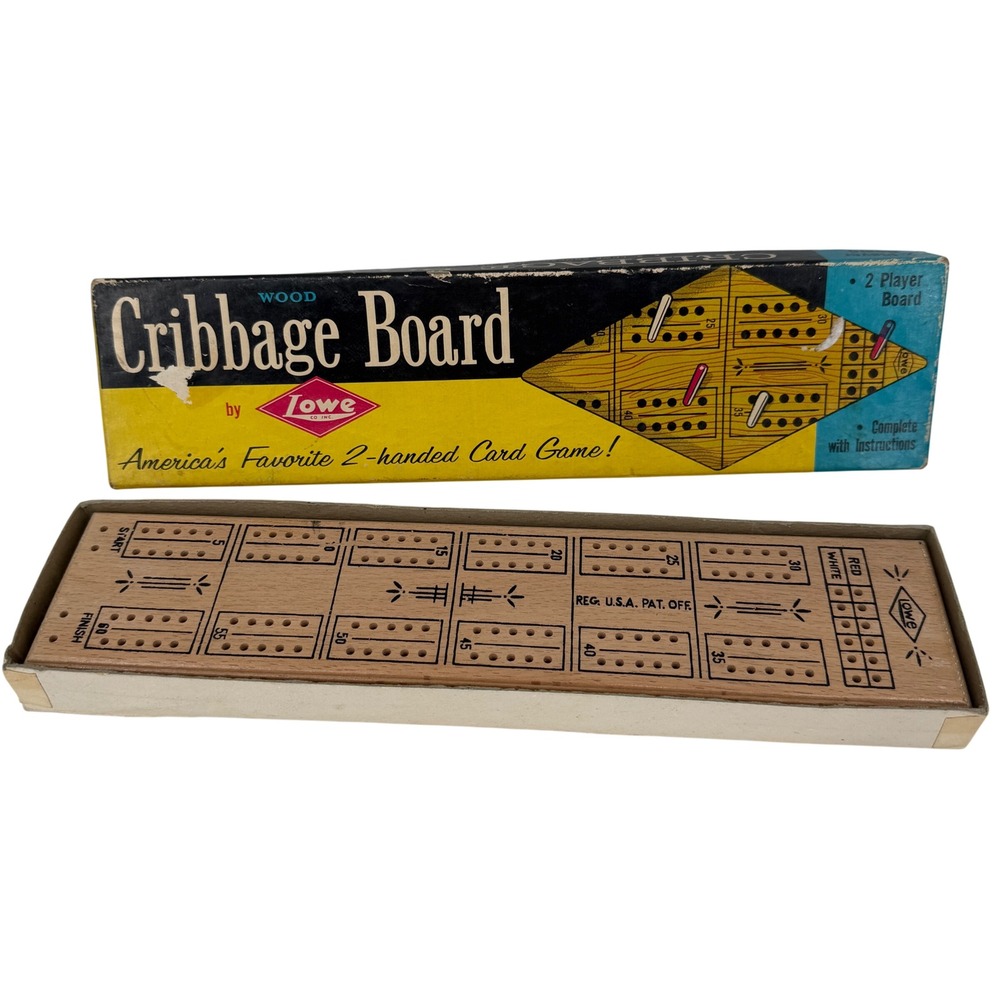 Lowe Wood Cribbage Board 2 Player Tan Vintage Mid Century with Box Pegs